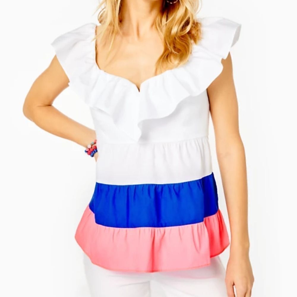 Lilly Pulitzer Emie babydoll Ruffle Top Women's Neon pink, blue and white size 6